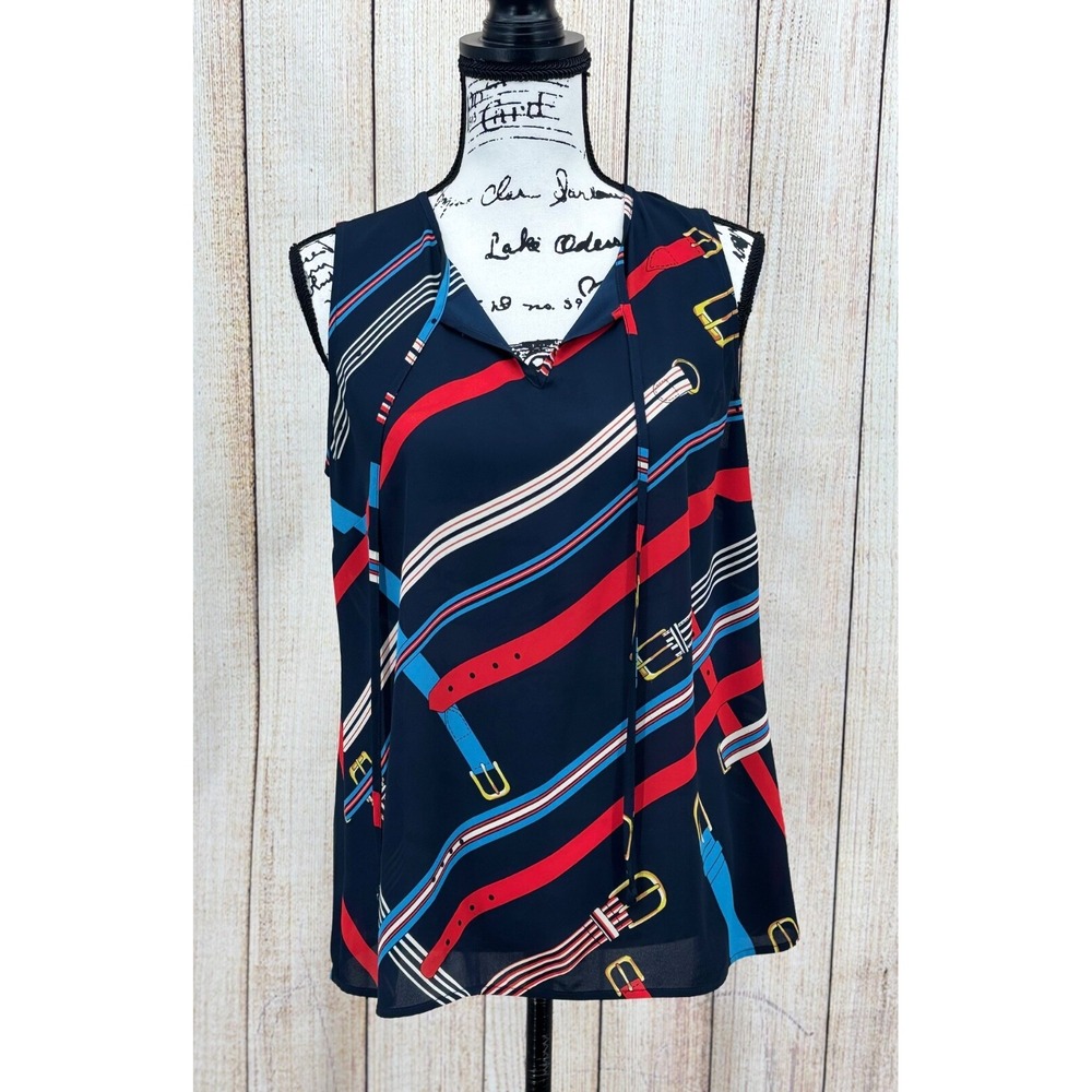 Cabi Hold‎ Up Tank Top Size Medium Navy Belt Buckle Print Sleeveless Blouse